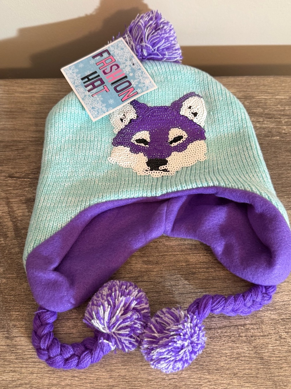 NEW Sequin Fox? Animal beanie Hat One Size Winter Aqua Purple